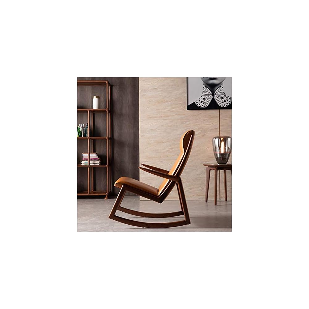 Vintage Single Leather Rocking Chair Smooth Rocking Motion Leather Black Walnut Wood Lounge Terrace Recliner Suitable for Terrace Living Room
