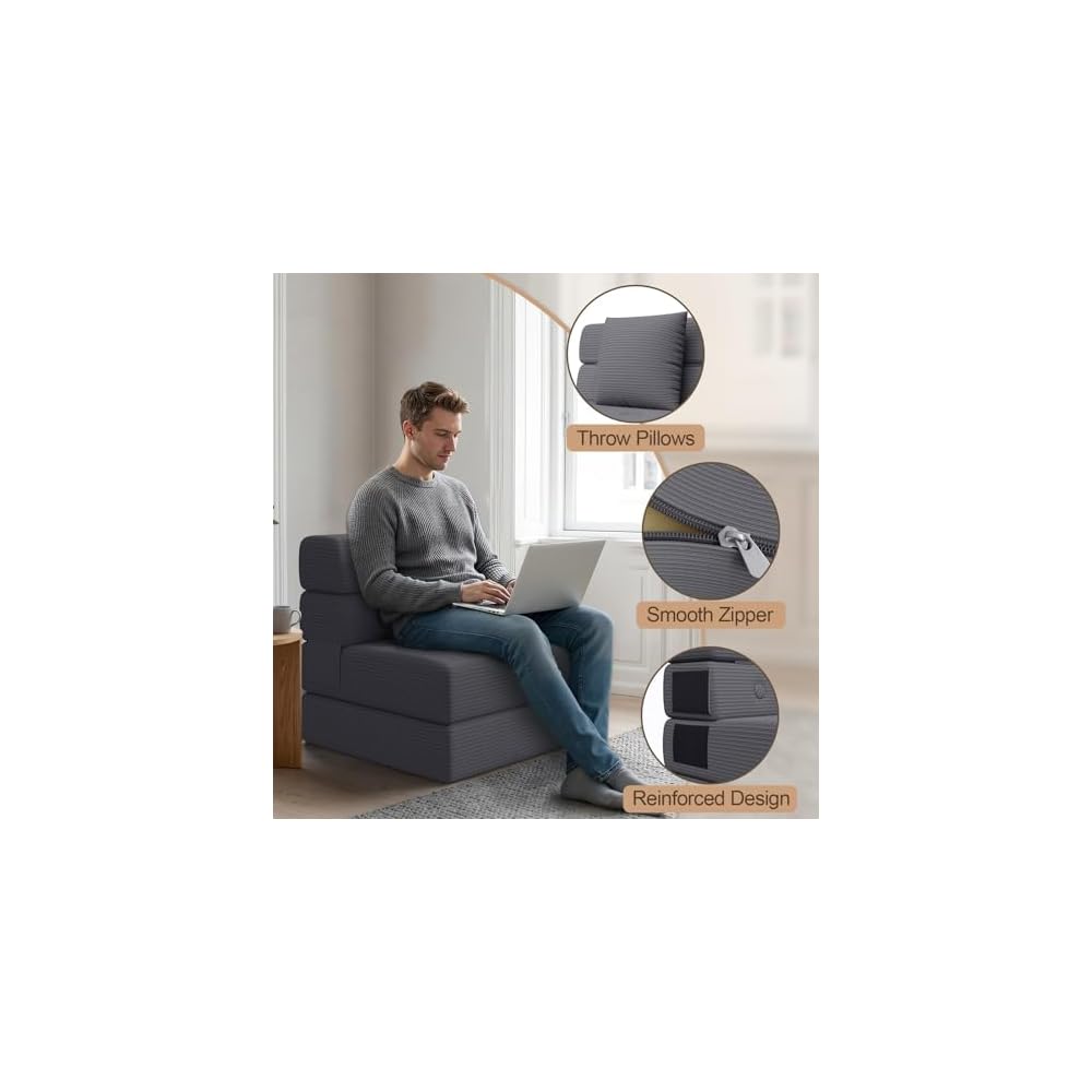 Folding Sofa Bed, One-Piece Foam Convertible Sleeper Chair, Grey, Single