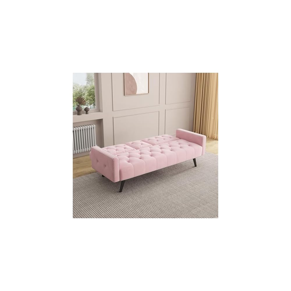 72" Pink Velvet Futon Sofa Bed - 2 Cup Holders