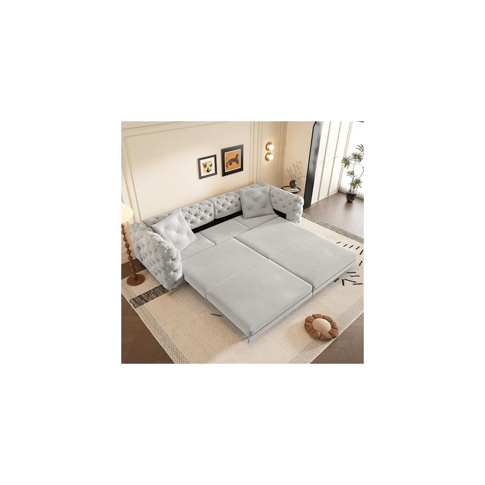 97.7'' Pull Out Sofa Bed King, Chesterfield Velvet Sleeper Sofa, Convertible L-Shaped Futon Couch, Tufted Back, Ottoman, Deep Seat Loveseat Couches for Living Room, Apartment, Light Gray