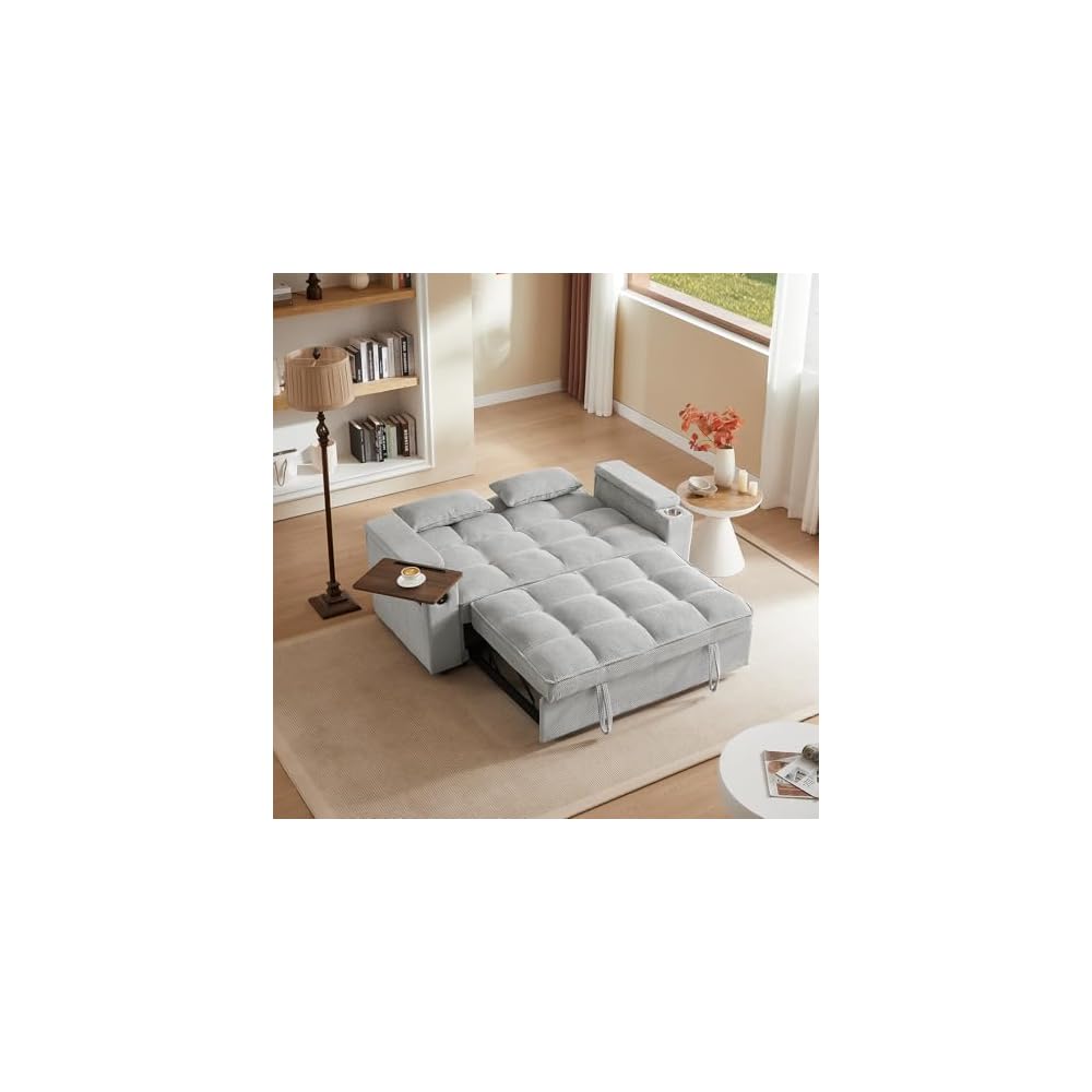 Auvsoce 65'' Convertible Sleeper Sofa Bed with Adjustable Backrest, Chaise Lounge, Side Table & USB/Type-C Ports – Stylish & Functional Addition to Any Living Room (Fashion Light Grey)