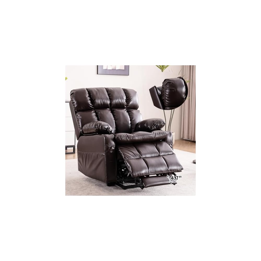 Lay Flat Recliner Lift Chair with Headrest,Infinite Positon Power Lift Recliner Chair for Elderly, Zero Gravity Leather Recliner with Extended Footrest, USB Type C, Cup Holders,Massage and Heat Brown