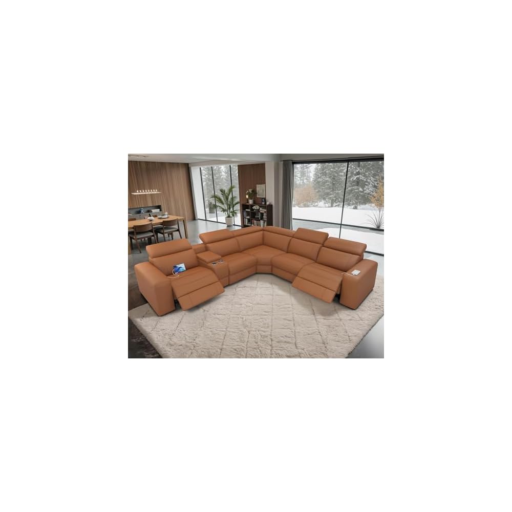 Jocisland 128 inch Power Reclining Sofa, Electric Recliner Sofa with Console & Dual Recliners, Oversized Sectional Couch for Living Room, Brown Leathaire