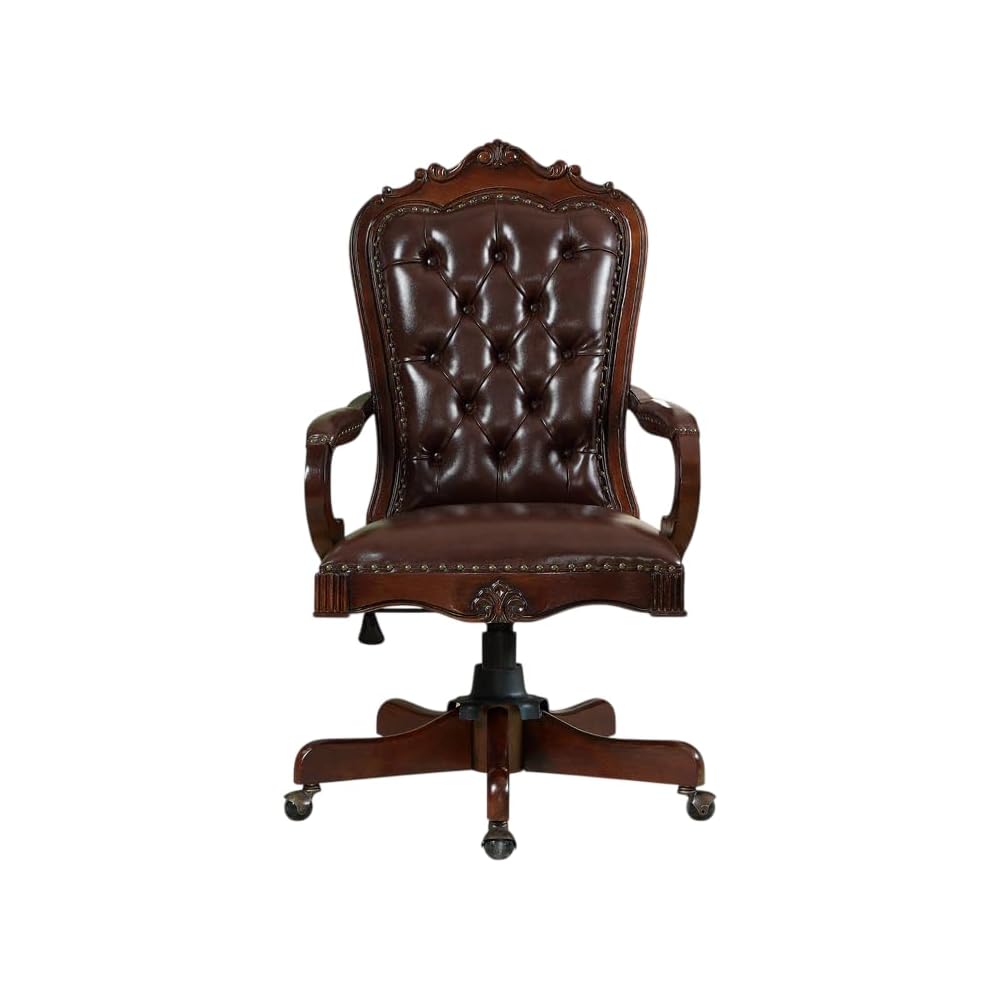Genuine Leather Executive Chair with Carved Wood Details, Adjustable Swivel Office Chair for Home or Conference (Blue)