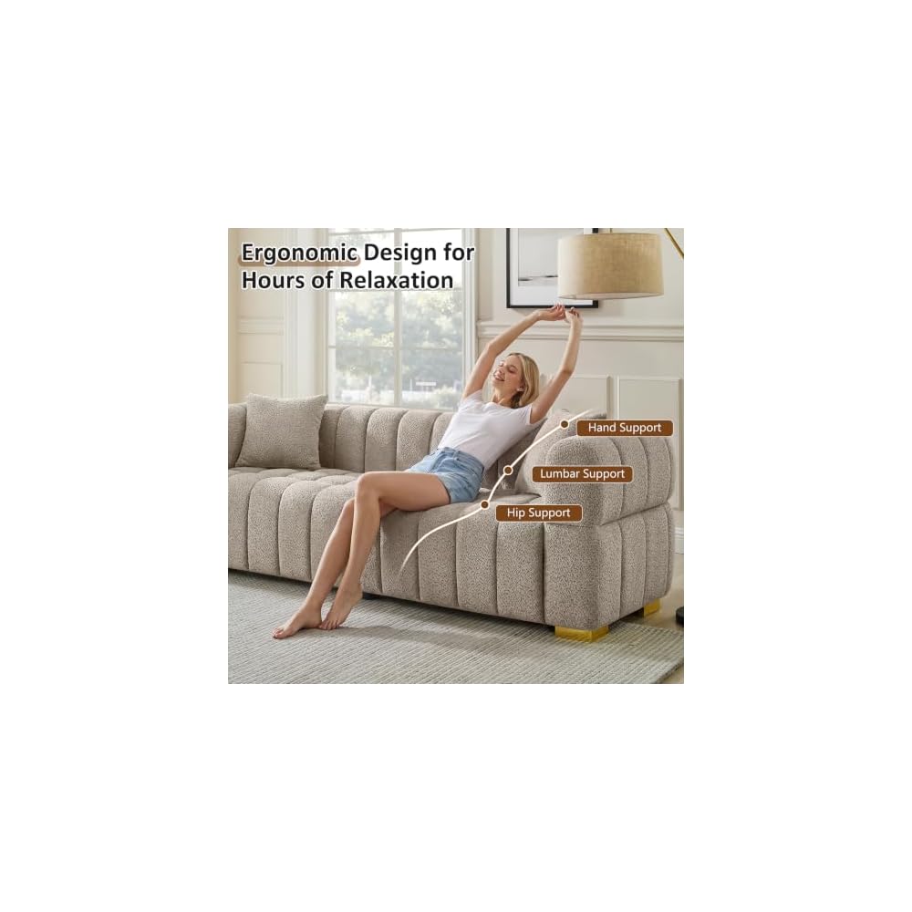 VANOMi 90.9" Boucle 3-Seater Deep Seat Sofa, Oversized Cloud Couch, Taupe