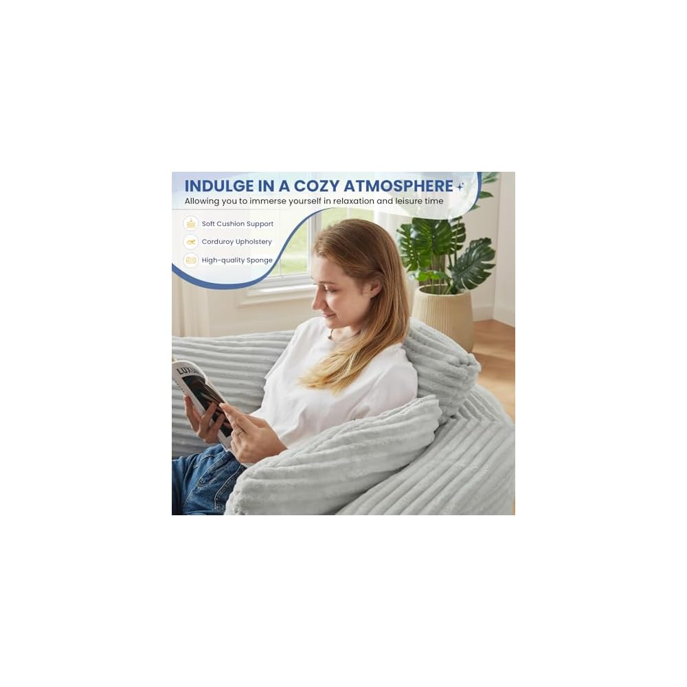 48.8-inch Round Chair, Modern Accent Corduroy Comfy Deep Seat Boneless Foam Floor Single Circle Chaise Sofa Chair with 3 Pillows for Living Room Bedroom Office, No Assembly Required, Light Grey