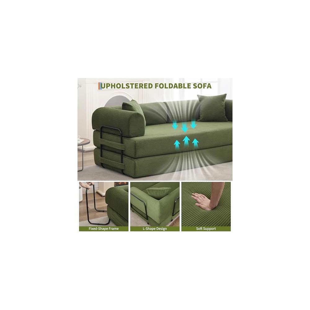 GarveeHome 79" Convertible Sleeper Sofa Bed Couch, 4-in-1 Boneless Corduroy Folding Sofa Bed with Pillow & Fixed-Shape, Floor Mattress Couch Loveseat for Living Room Apartments - No Assembly, Green