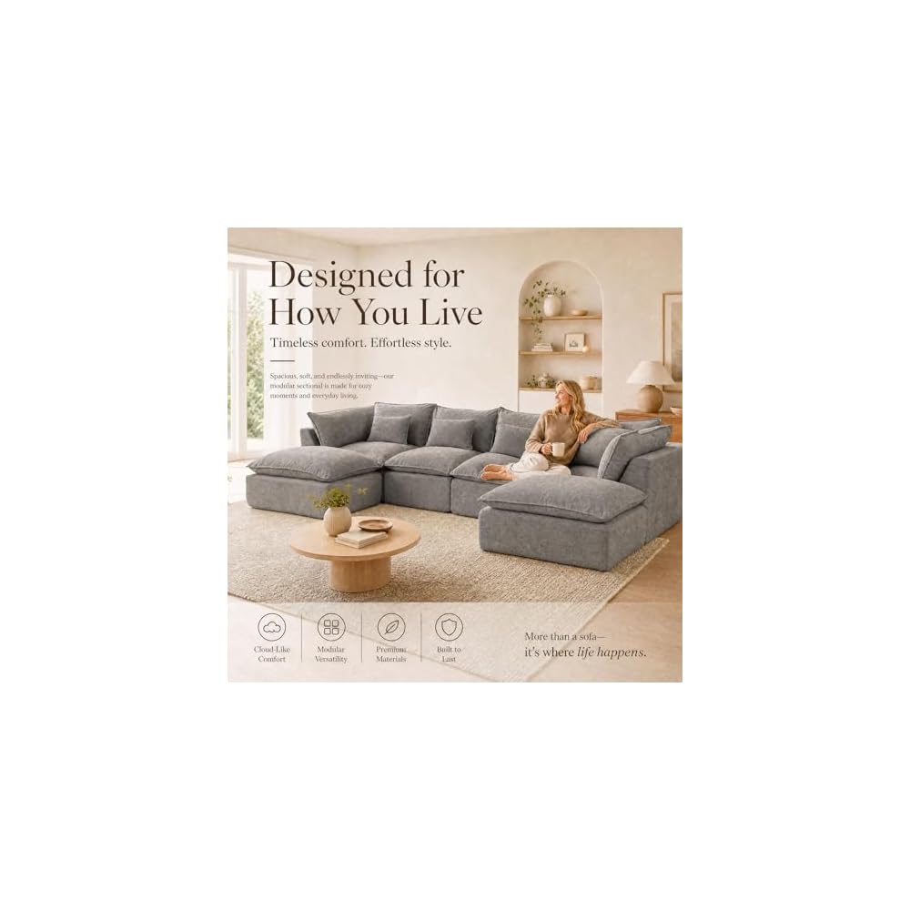 130" Modular Boneless Couch, Oversized U Shaped Sectional Sofa with Deep Seats, Comfy Frameless Cloud Couch in a Box for Living Room, Waffle Fabric 4-Seat + 2 Ottomans, Gray