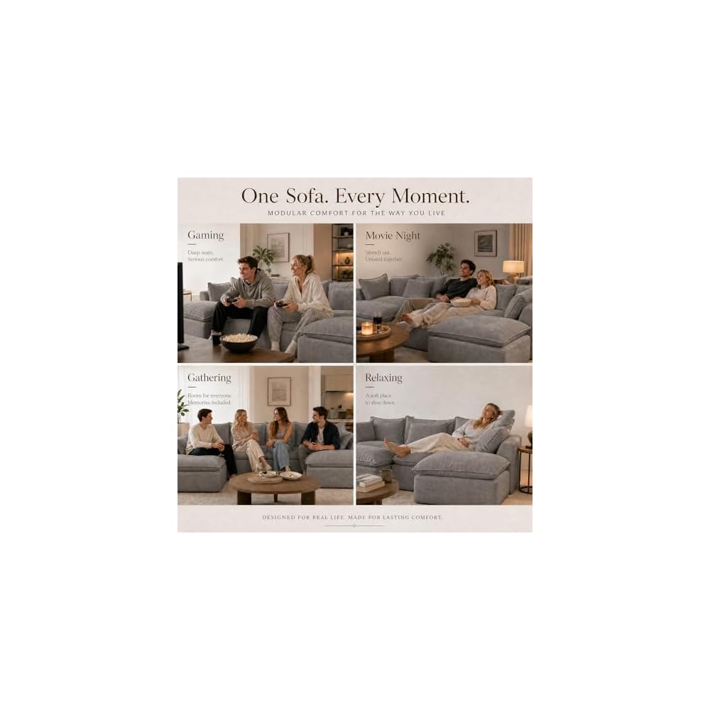 130" Modular Boneless Couch, Oversized U Shaped Sectional Sofa with Deep Seats, Comfy Frameless Cloud Couch in a Box for Living Room, Waffle Fabric 4-Seat + 2 Ottomans, Gray
