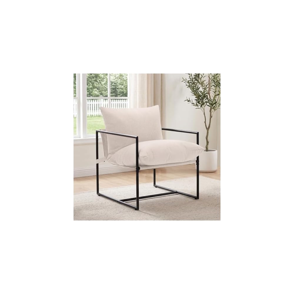 Modern Accent Chair, Upholstered Reading Sling Chair with Metal Frame and Soft Cushion,Stylish Lounge Armchair for Living Room, Bedroom or Office Seating, Ivory