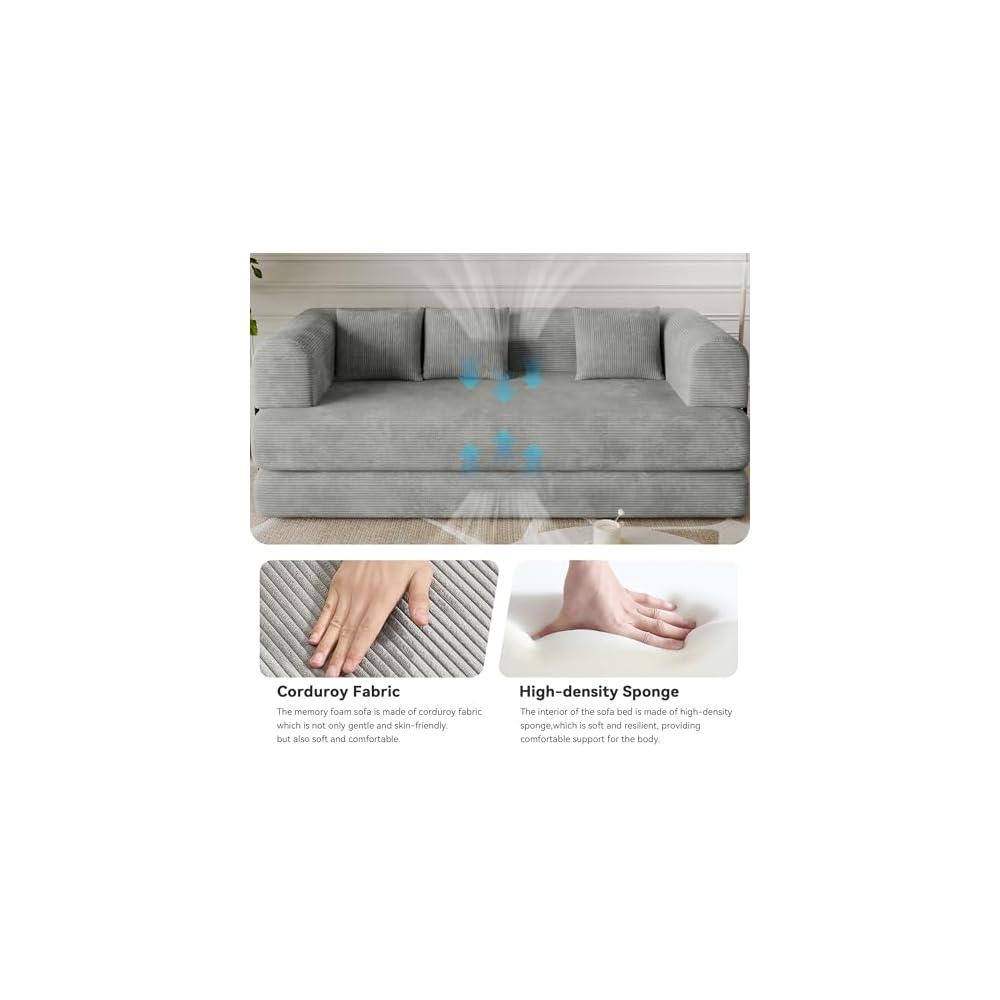WENTMENT 80‘’Convertible Floor Sofa Bed for Living Room Boneless Couch with Deep Seat, Corduroy Pull Out Sofa Bed with 3 Pillows Bedroom, Apartment, No Assembly,Grey