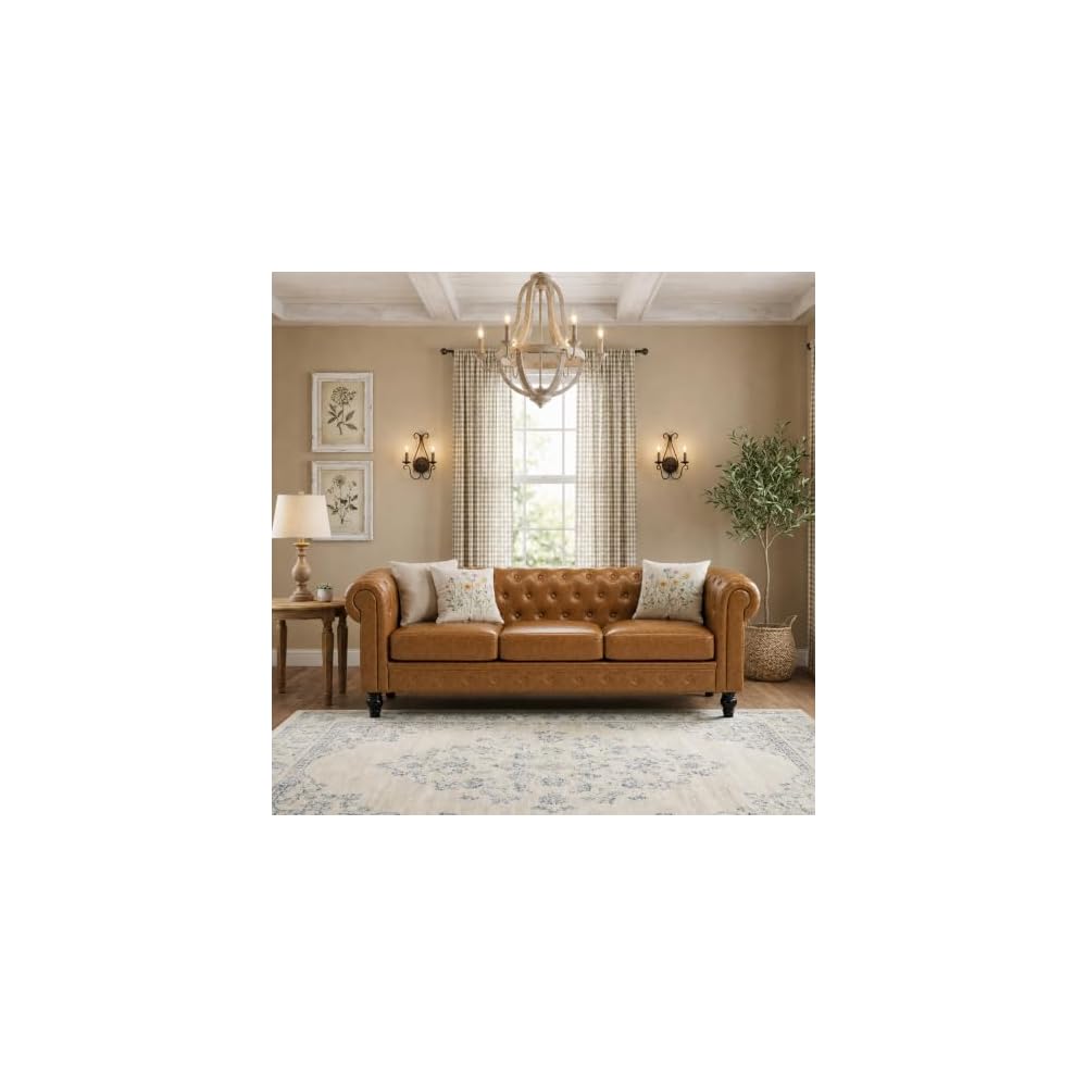 Modern Chesterfield Button-Tufted Couch, 88" Light Brown PU Leather 3 Seater Sofa, Home Luxury Upholstered Sofa Deep Seat Couch for Living Room Apartment Home Office