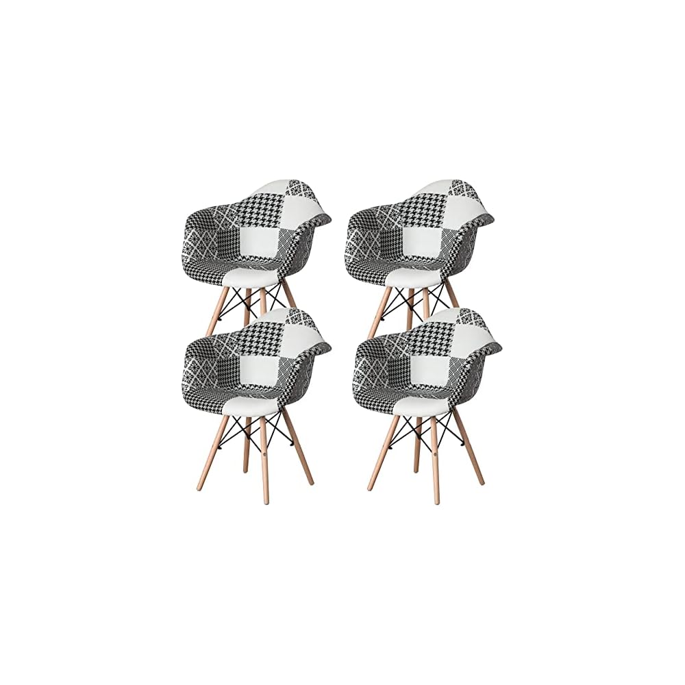 Mid-Century Modern Fabric Arm Chairs Set of 2, Barrel Accent Chairs for Living Room, Beech Wooden Legs, Black and White