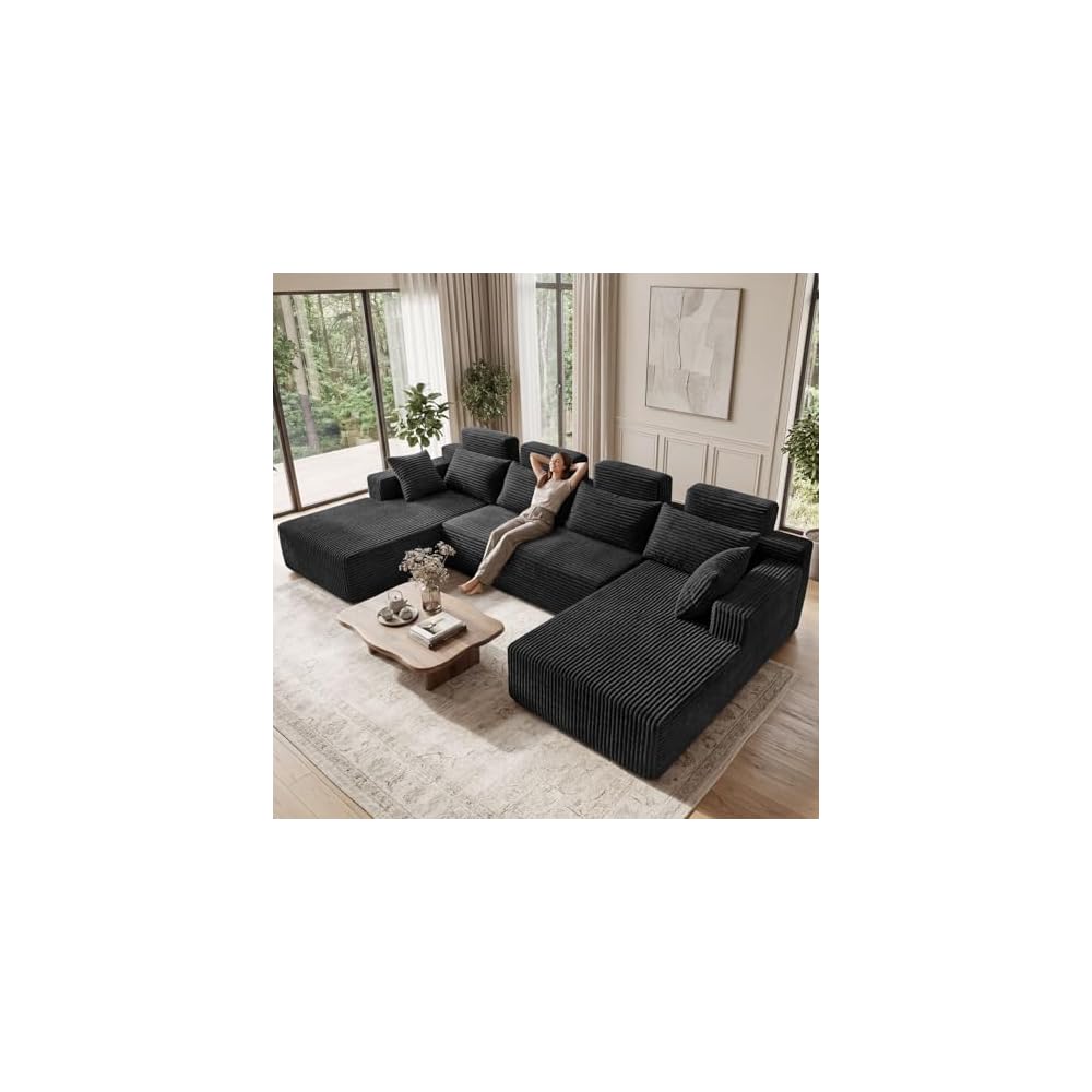 134" Boneless Couches for Living Room - Modular Sectional Sofa U Shaped Oversized Deep Seat High Back Corduroy No Assembly Modern Cloud Big Comfy Floor Couches (Black)