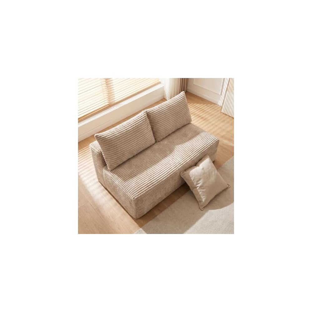 Low Profile Sofa, Camel Corduroy Armless Legless Loveseat, 2-Seater Floor Sofa for Small Apartment Living Room