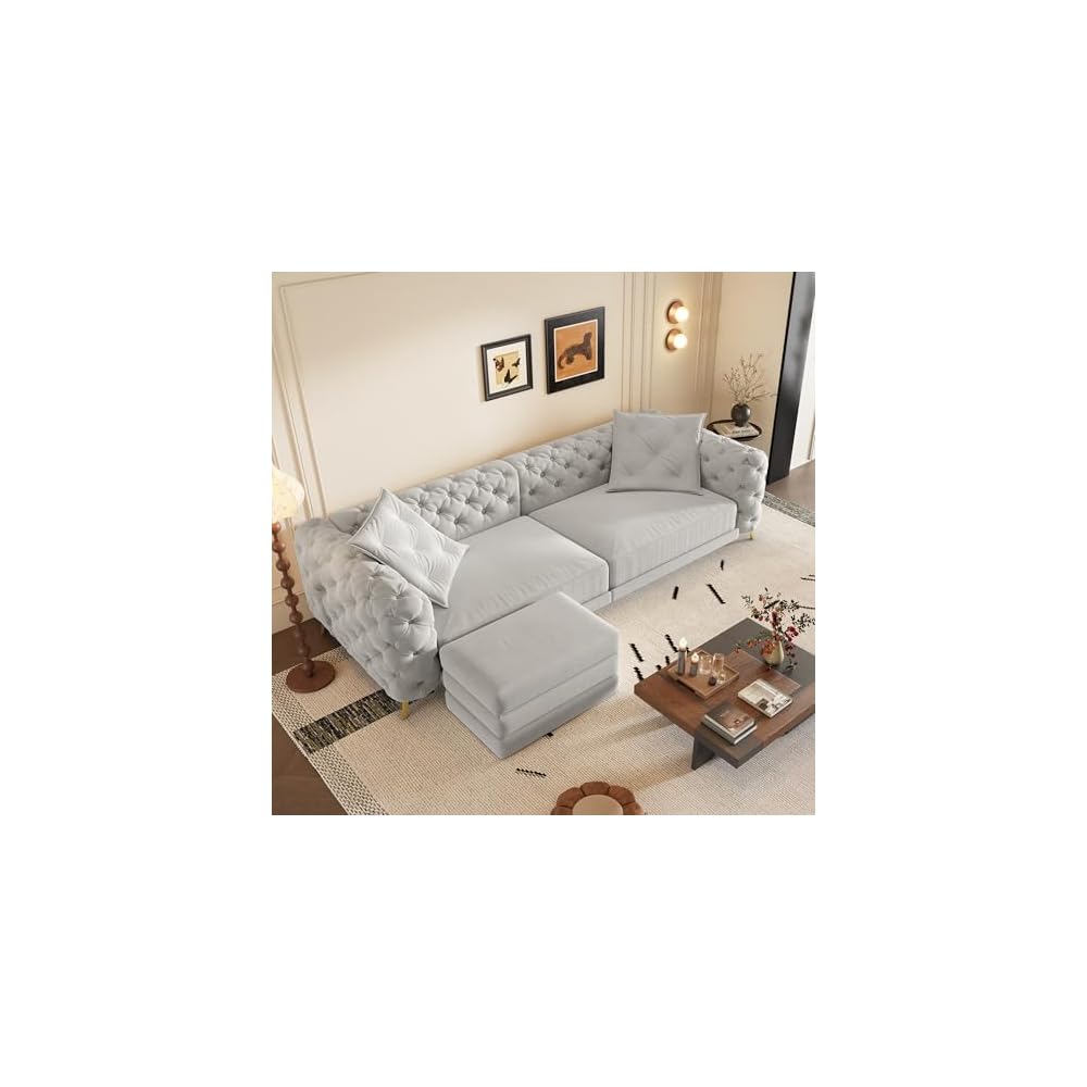 97.7'' Pull Out Sofa Bed King, Chesterfield Velvet Sleeper Sofa, Convertible L-Shaped Futon Couch, Tufted Back, Ottoman, Deep Seat Loveseat Couches for Living Room, Apartment, Light Gray