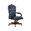 Genuine Leather Executive Chair with Carved Wood Details, Adjustable Swivel Office Chair for Home or Conference (Blue)