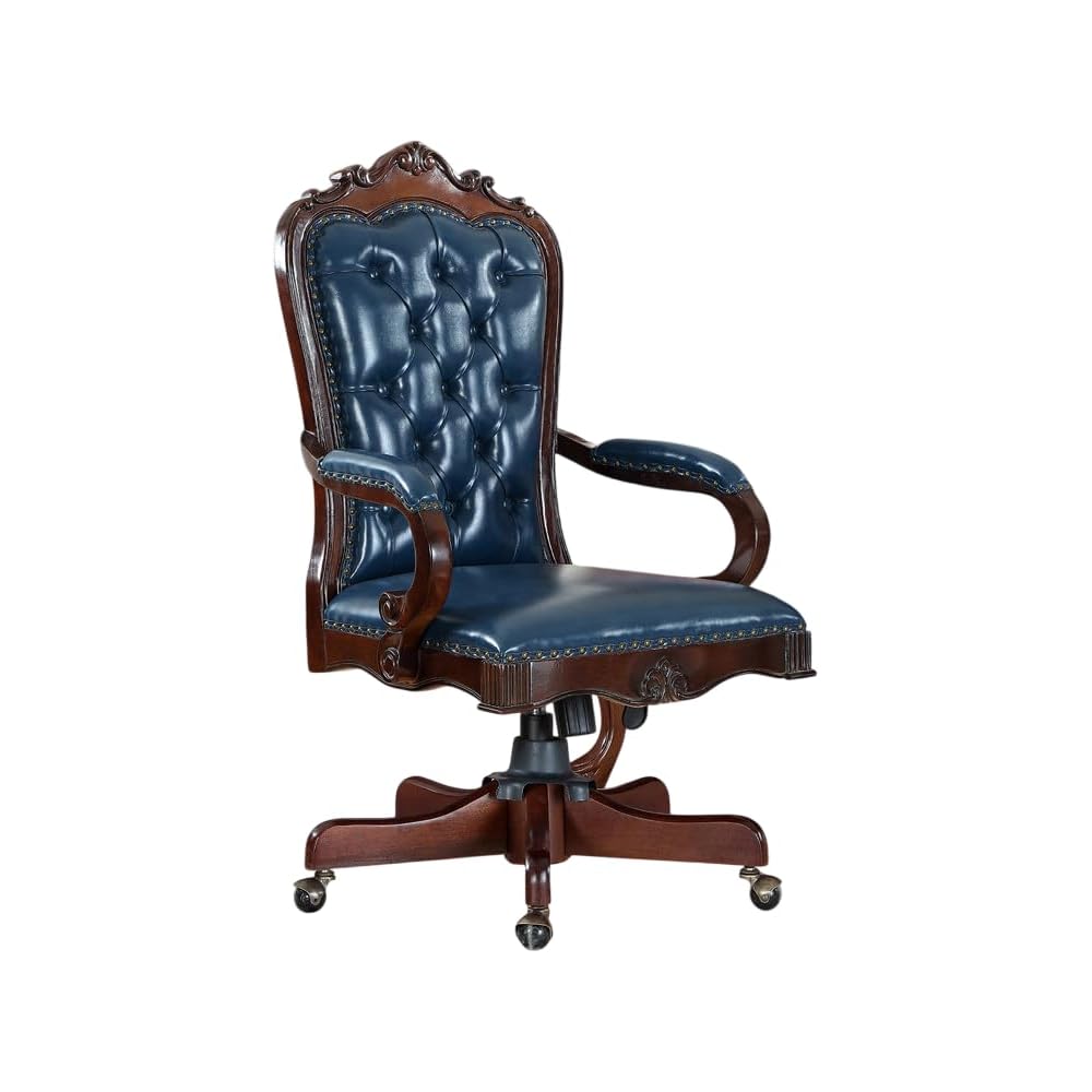 Genuine Leather Executive Chair with Carved Wood Details, Adjustable Swivel Office Chair for Home or Conference (Blue)
