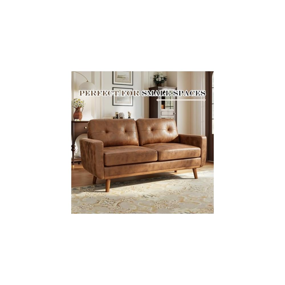 65" Small Loveseat Sofa, Mid Century Modern Love Seat Couch with Solid Wood Legs, Button Tufted Upholstered Mini Couches for Bedroom, Living Room, Office, Small Spaces, Easy to Install, Light Brown