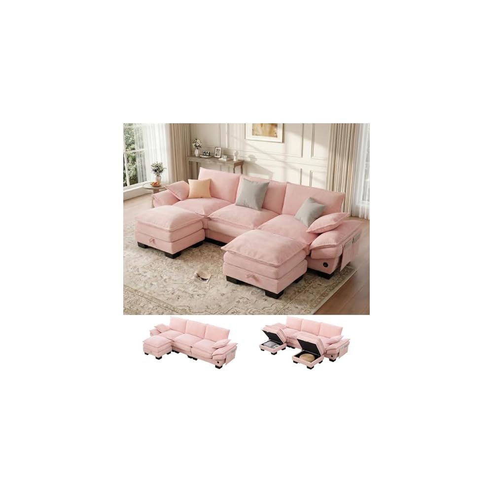 102" U Shaped Couch, Modular Sectional Sofa with Storage Ottoman, Comfy Fluffy Cloud Sectional Couches for Living Room, Modern Modular Sofa with USB Ports (Pink)