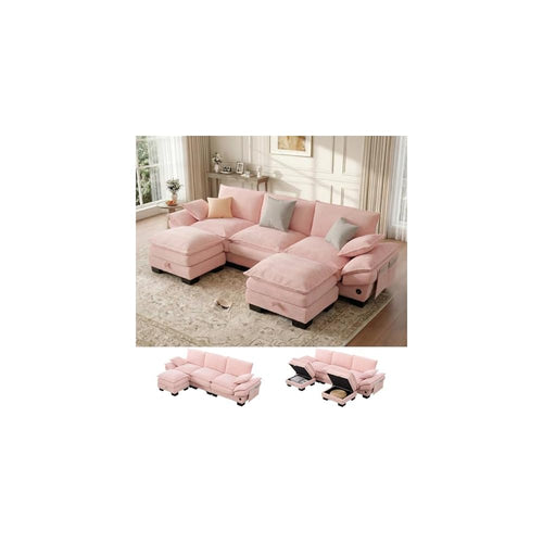102" U Shaped Couch, Modular Sectional Sofa with Storage Ottoman, Comfy Fluffy Cloud Sectional Couches for Living Room, Modern Modular Sofa with USB Ports (Pink)