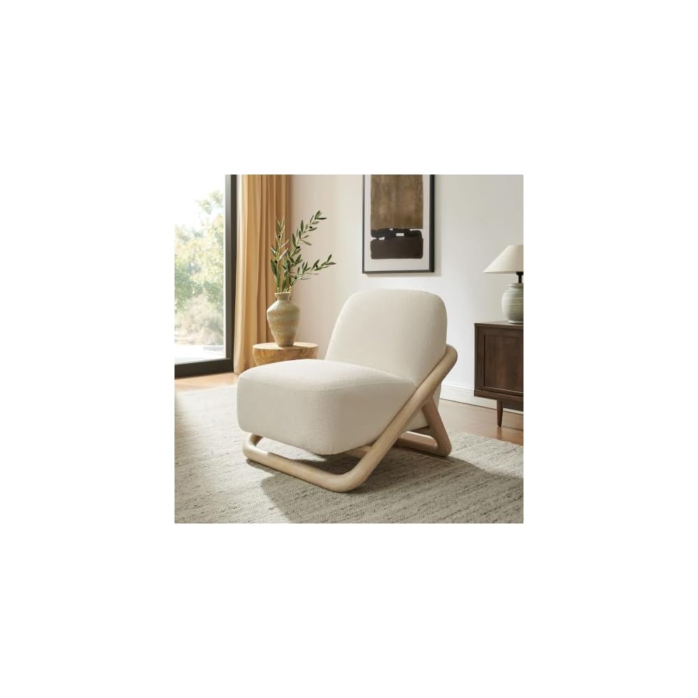Modway Vander Contemporary Accent Chair in Oak Cream – Textured Fabric Upholstered Lounge Chair with Curved Wood Frame – Fully Assembled Reading Chair
