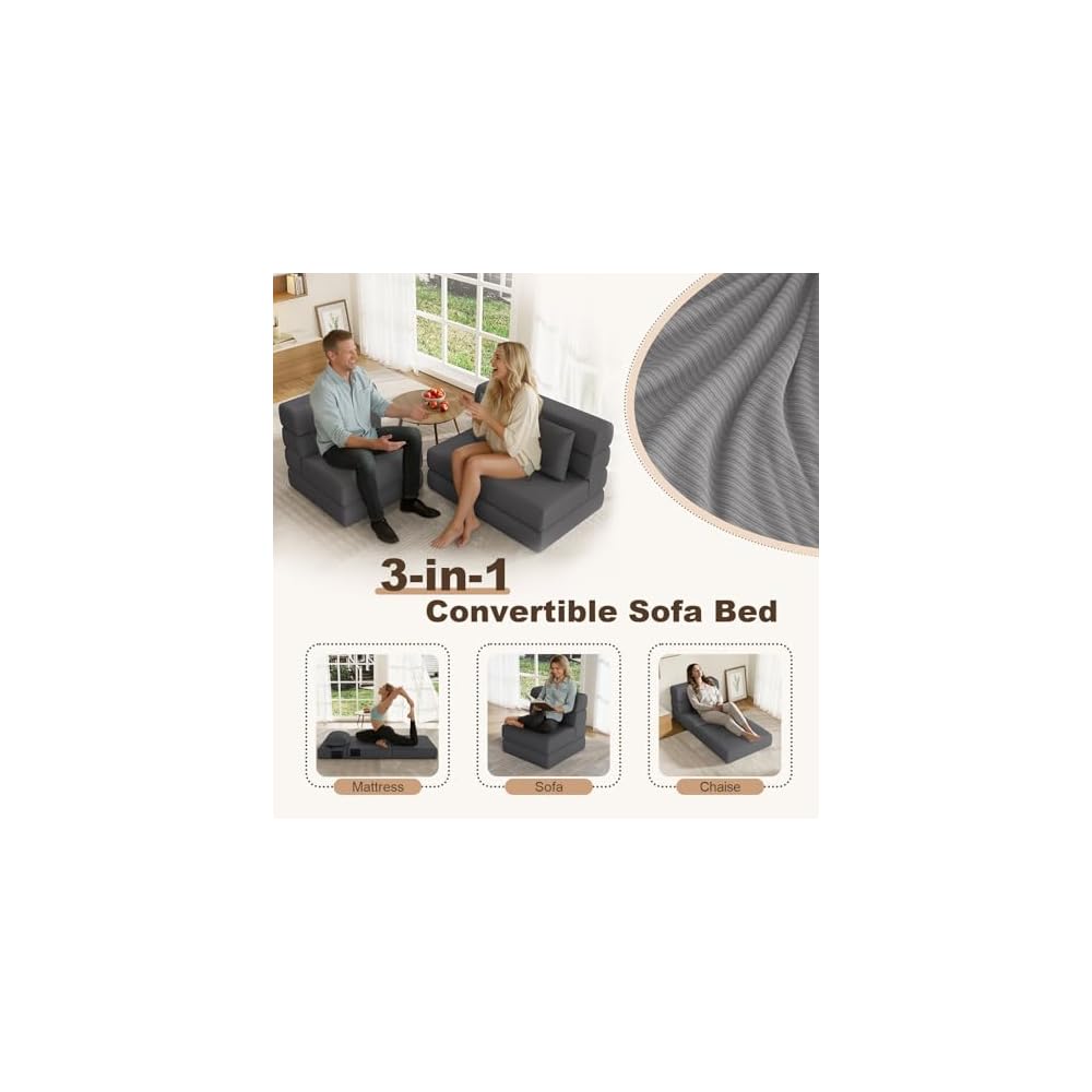 Folding Sofa Bed, One-Piece Foam Convertible Sleeper Chair, Grey, Single