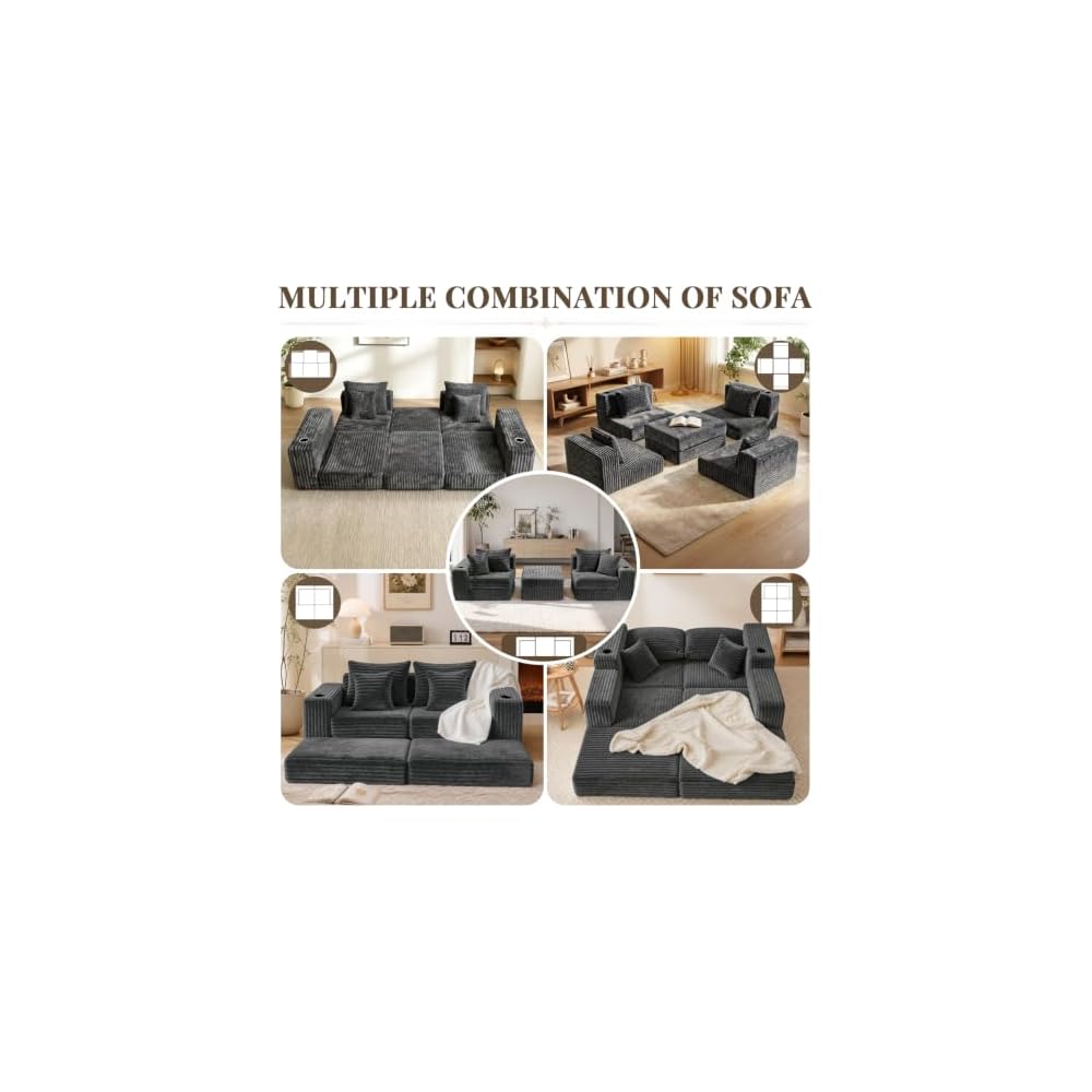 EROMMY 80" Cloud Modular Sectional Sofa, Boneless Corduroy Couch Sofa with Cup Holders & Side Pockets, L-Shaped Couch with Reversible Chaise, Deep Seat, No Assembly, Grey