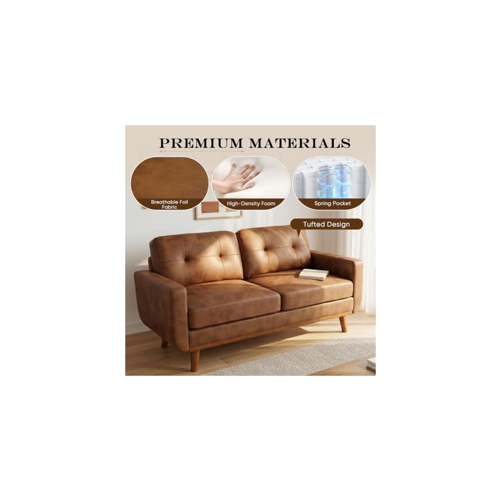 65" Small Loveseat Sofa, Mid Century Modern Love Seat Couch with Solid Wood Legs, Button Tufted Upholstered Mini Couches for Bedroom, Living Room, Office, Small Spaces, Easy to Install, Light Brown