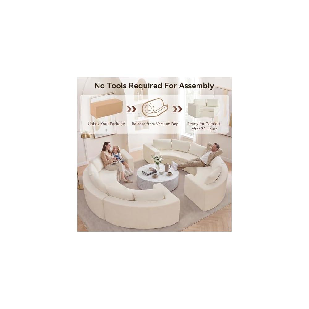 Oversized Half Moon Couch Sets with Deep Seat, Curved Boneless Couches for Living Room, 12 Seater Modular Sectional Sofa with Pillows, Chenille Memory Foam Sofa, No Assembly, White