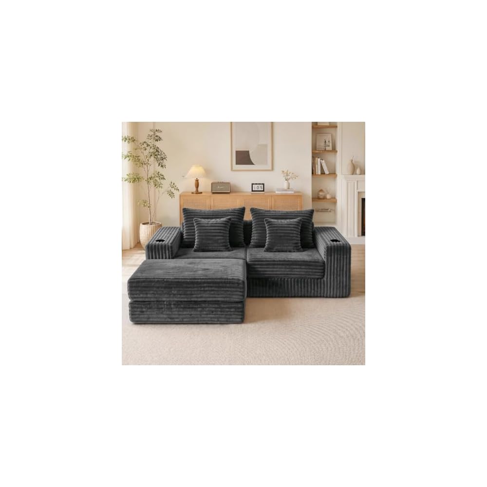 EROMMY 80" Cloud Modular Sectional Sofa, Boneless Corduroy Couch Sofa with Cup Holders & Side Pockets, L-Shaped Couch with Reversible Chaise, Deep Seat, No Assembly, Grey