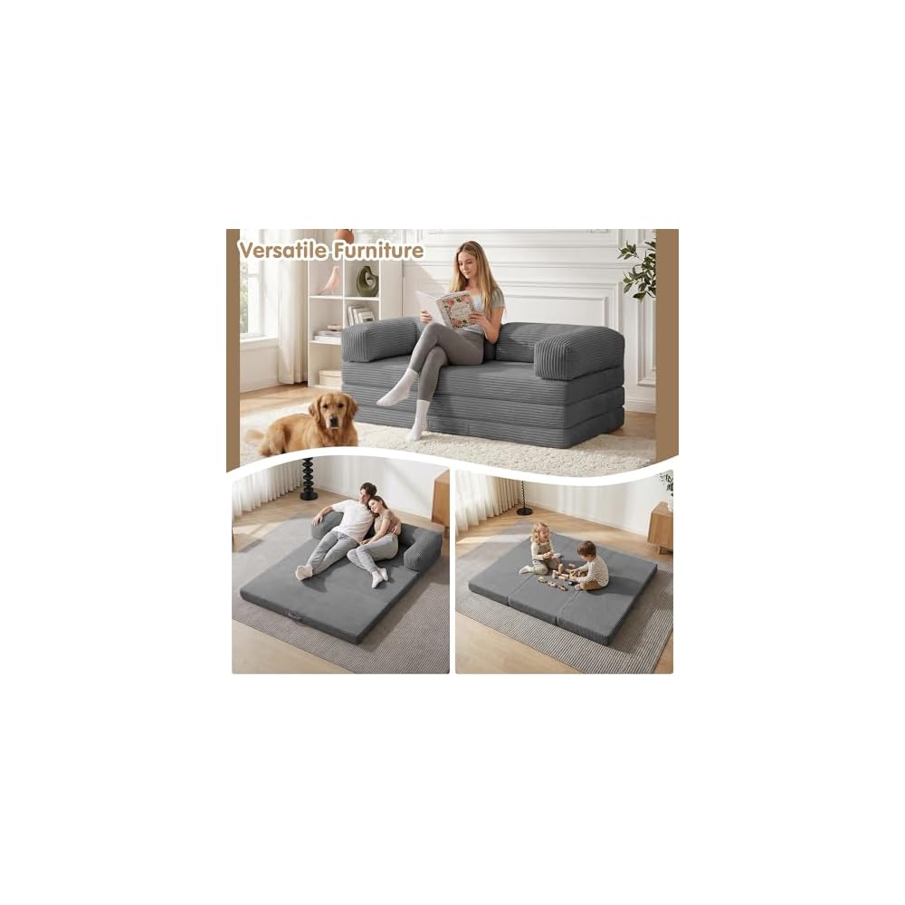 5-in-1 Convertible Sofa Bed,54" Boneless Couch Tri Folding Floor Mattress with Removable L-Shaped Armrests & Handle,Corduroy Futon Couch Sleeper with Pull Out Bed for Living Room Bedroom Apartment