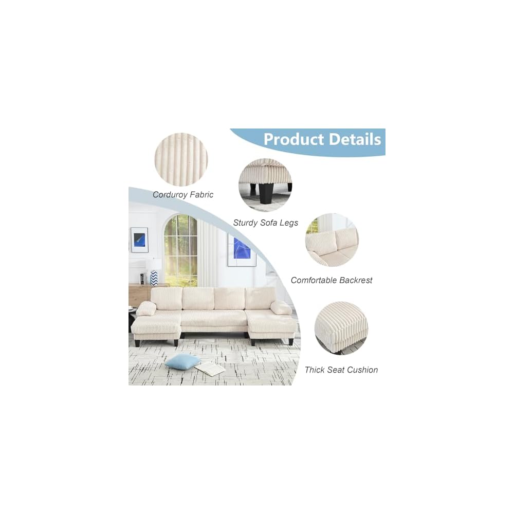 114" Cloud Couch Modular Sectional Sofa Convertible U-Shaped Couch with Double Chaise Lounge Corduroy Upholstery Sofa Double Cushions Deep Seat Sleeper Sofas Couches for Living Room White