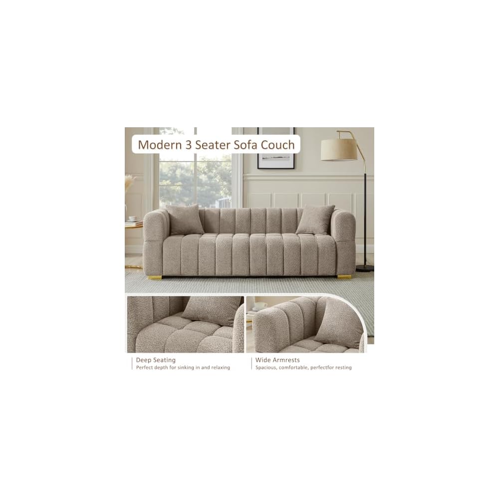 VANOMi 90.9" Boucle 3-Seater Deep Seat Sofa, Oversized Cloud Couch, Taupe