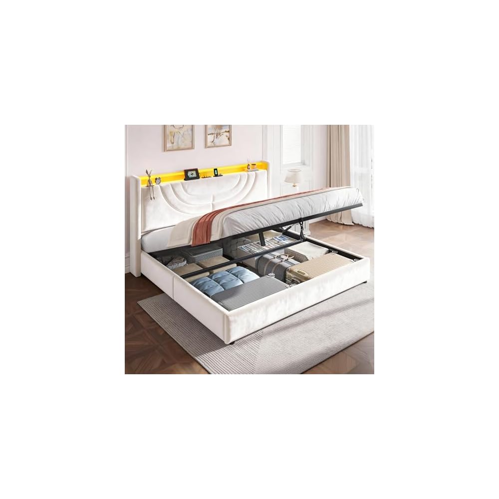 Homkdom Queen Velvet Lift Up Storage Bed Frame with Charging & LED, Beige