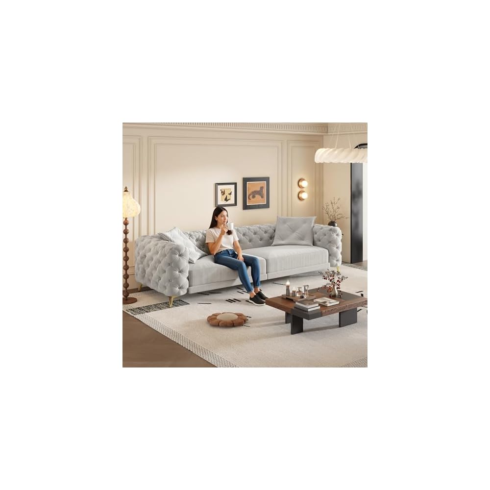 97.7'' Pull Out Sofa Bed King, Chesterfield Velvet Sleeper Sofa, Convertible L-Shaped Futon Couch, Tufted Back, Ottoman, Deep Seat Loveseat Couches for Living Room, Apartment, Light Gray