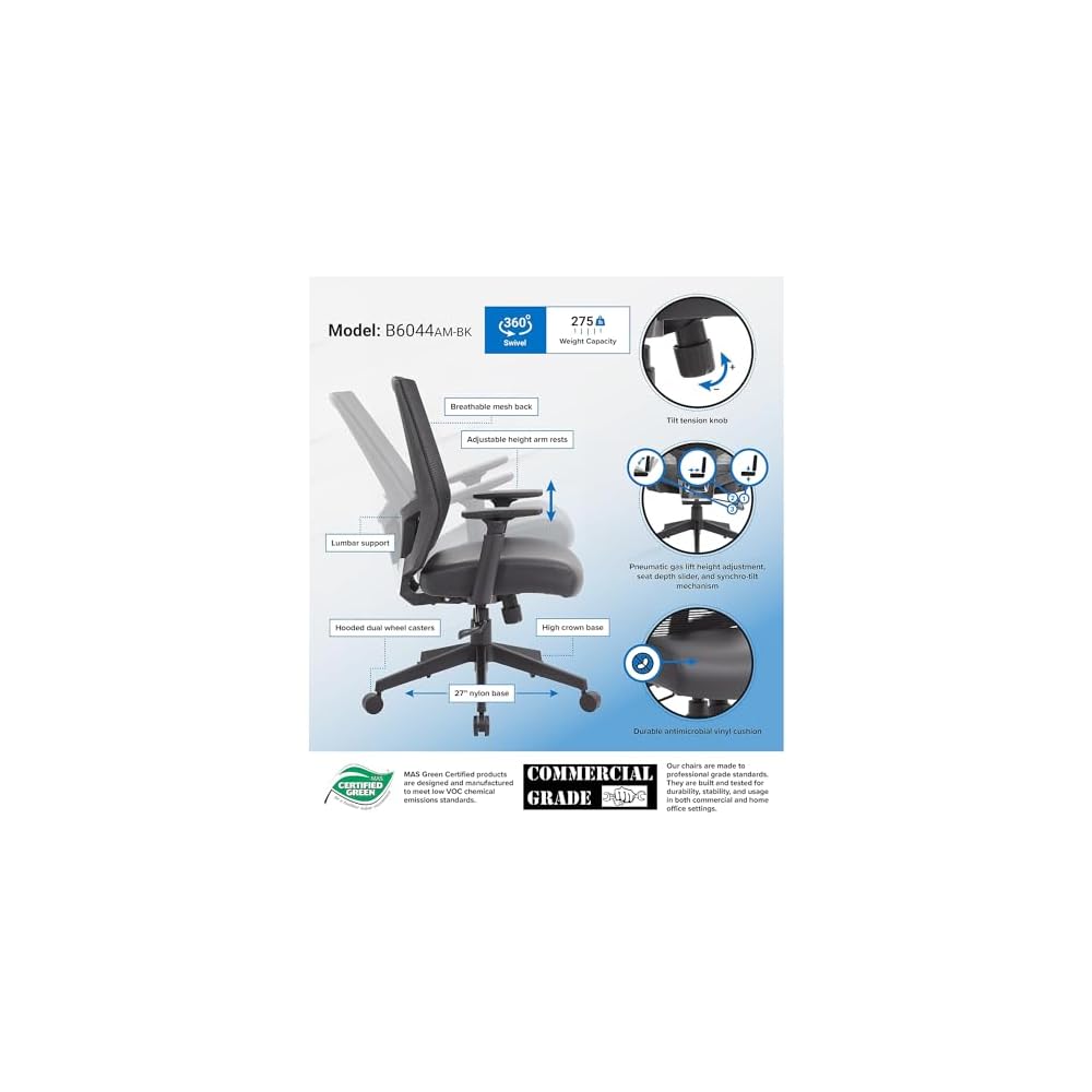 Boss Office Products Mesh Back Vinyl Task Chair with Synchro-Tilt in Black