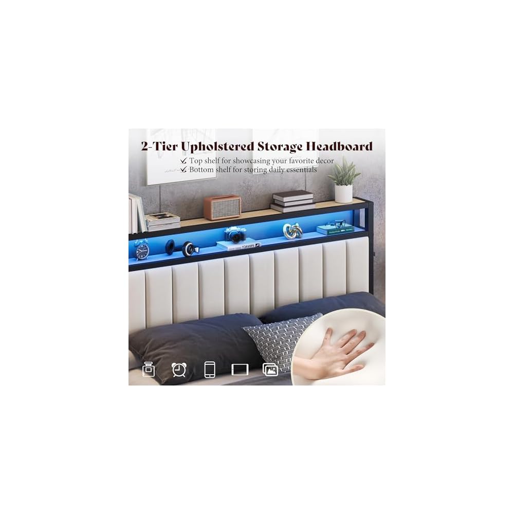 AMERLIFE Full Bed Frame with LED Lights & 2-Tier Storage Headboard