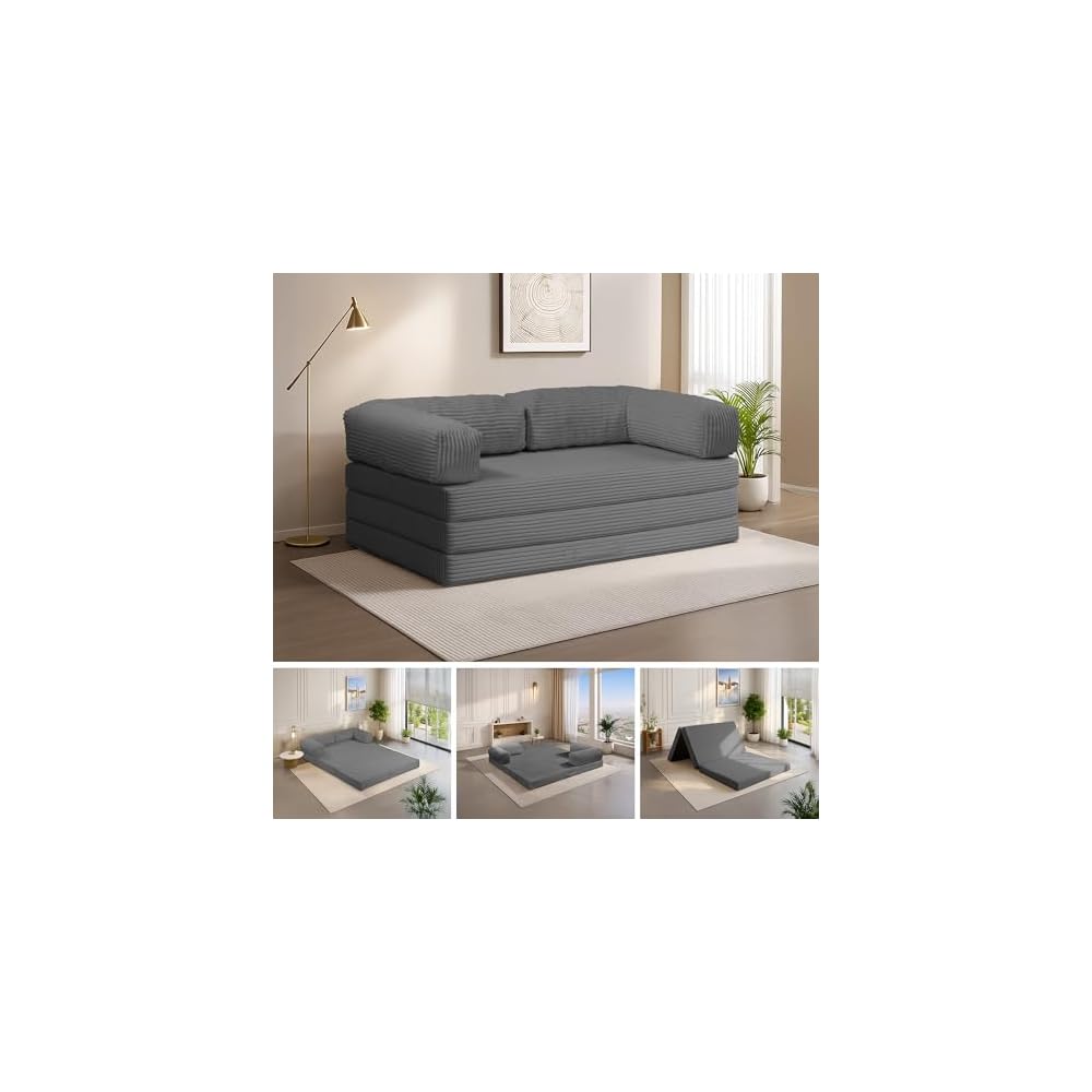 5-in-1 Convertible Sofa Bed,54" Boneless Couch Tri Folding Floor Mattress with Removable L-Shaped Armrests & Handle,Corduroy Futon Couch Sleeper with Pull Out Bed for Living Room Bedroom Apartment