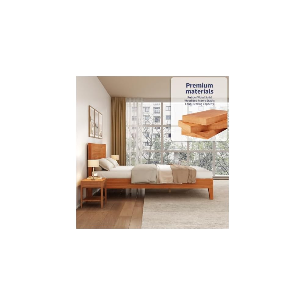 Solid Wood Queen Bed Frame with Headboard, Rubberwood Platform Bed