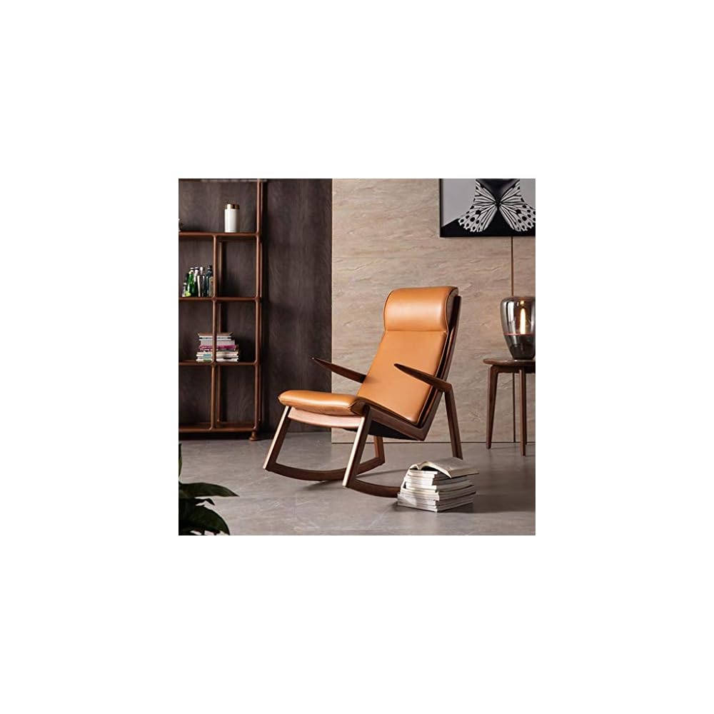 Vintage Single Leather Rocking Chair Smooth Rocking Motion Leather Black Walnut Wood Lounge Terrace Recliner Suitable for Terrace Living Room