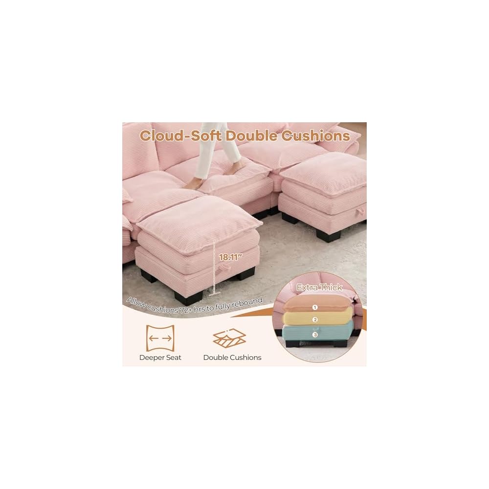 102" U Shaped Couch, Modular Sectional Sofa with Storage Ottoman, Comfy Fluffy Cloud Sectional Couches for Living Room, Modern Modular Sofa with USB Ports (Pink)