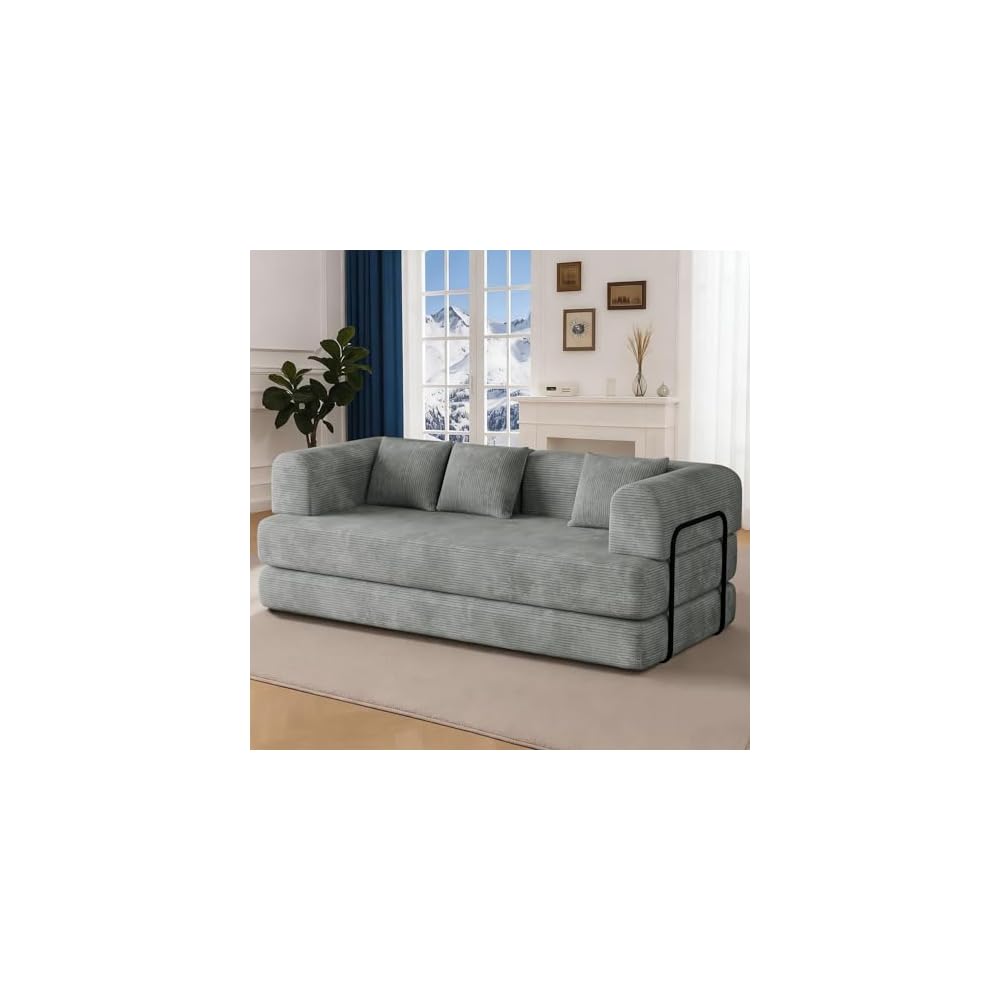 WENTMENT 80‘’Convertible Floor Sofa Bed for Living Room Boneless Couch with Deep Seat, Corduroy Pull Out Sofa Bed with 3 Pillows Bedroom, Apartment, No Assembly,Grey