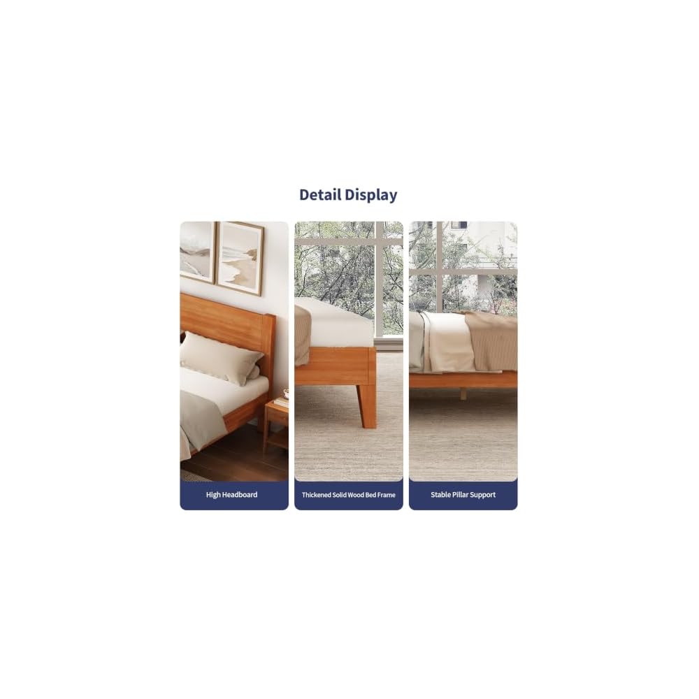 Solid Wood Queen Bed Frame with Headboard, Rubberwood Platform Bed