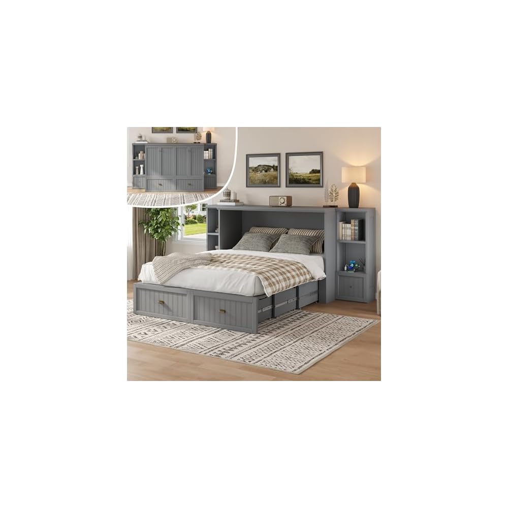 AMERLIFE Queen Size Murphy Bed with Bedside Tables & 3 Storage Drawers