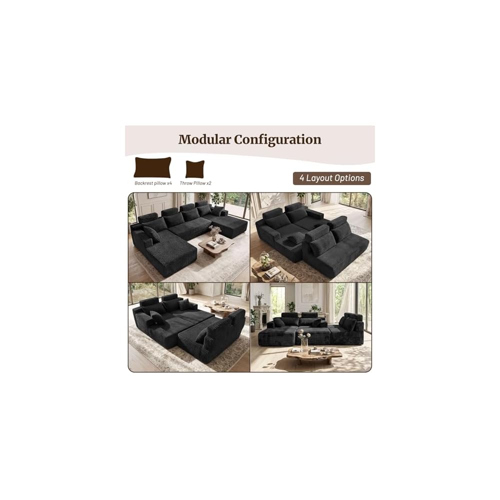134" Boneless Couches for Living Room - Modular Sectional Sofa U Shaped Oversized Deep Seat High Back Corduroy No Assembly Modern Cloud Big Comfy Floor Couches (Black)