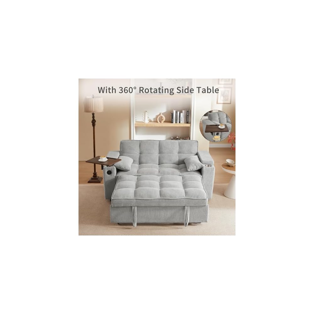 Auvsoce 65'' Convertible Sleeper Sofa Bed with Adjustable Backrest, Chaise Lounge, Side Table & USB/Type-C Ports – Stylish & Functional Addition to Any Living Room (Fashion Light Grey)