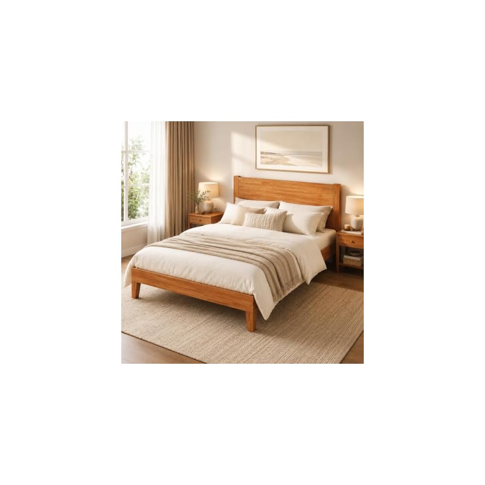 Solid Wood Queen Bed Frame with Headboard, Rubberwood Platform Bed