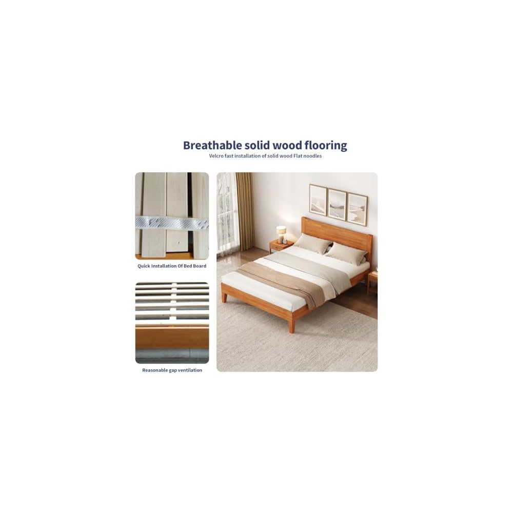 Solid Wood Queen Bed Frame with Headboard, Rubberwood Platform Bed