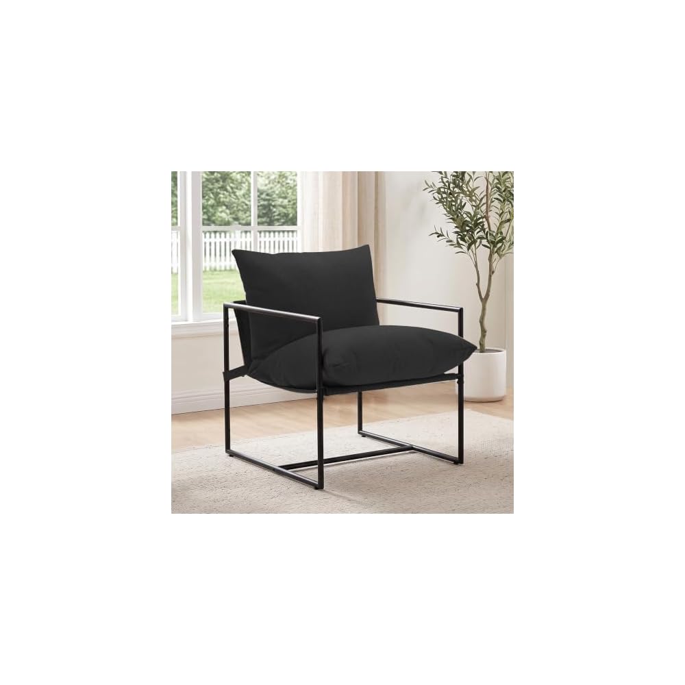 Modern Accent Chair, Upholstered Reading Sling Chair with Metal Frame and Soft Cushion,Stylish Lounge Armchair for Living Room, Bedroom or Office Seating, Ivory